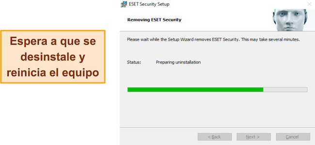 Captura de pantalla de la desinstalación de ESET en curso