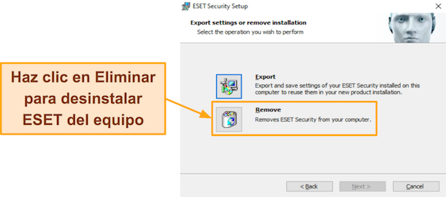 Captura de pantalla que muestra cómo usar el desinstalador de ESET para eliminarlo de su sistema
