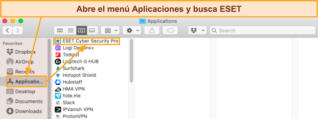 Captura de pantalla que muestra ESET en el menú Aplicaciones en macOS