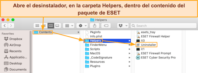 Captura de pantalla que muestra el desinstalador de ESET en macOS