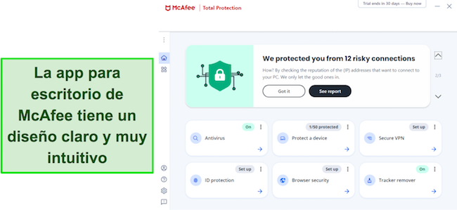 Captura de pantalla de la interfaz de la aplicación de escritorio de McAfee