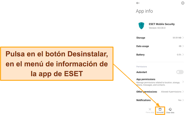 Captura de pantalla que muestra cómo desinstalar ESET Mobile Security de Android