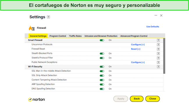 Captura de pantalla de la configuración del firewall de Norton