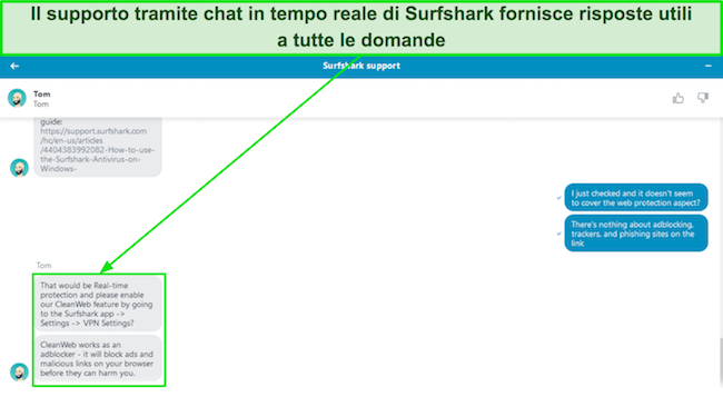 Screenshot di una conversazione con il supporto della chat dal vivo di Surfshark