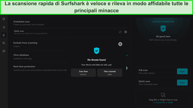 Screenshot dei risultati della scansione rapida di Surfshark