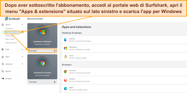 Screenshot che mostra come scaricare l'app per Windows di Surfshark