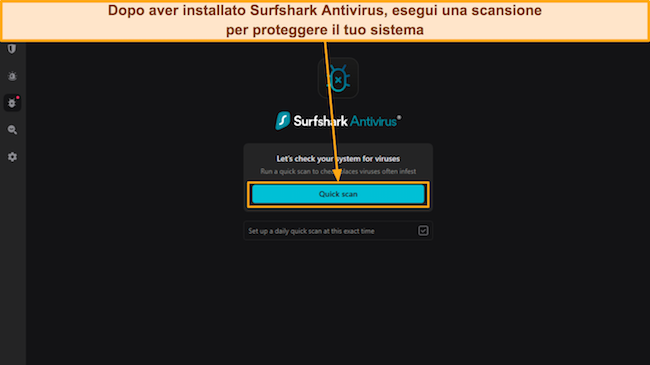 Screenshot che mostra l'opzione di scansione rapida nell'app di Surfshark dopo aver installato l'antivirus