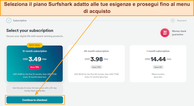 Screenshot che mostra come scegliere un piano Surfshark