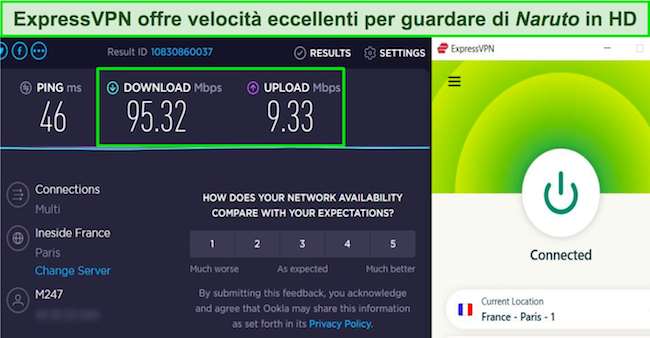 Screenshot del risultato del test di velocità di ExpressVPN