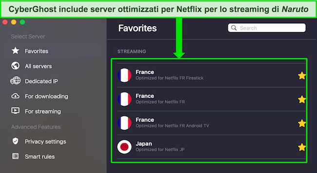 Screenshot della scheda Preferiti di CyberGhost che mostra i server Netflix ottimizzati per Francia e Giappone