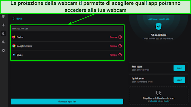 Schermata della protezione della webcam di Surfshark