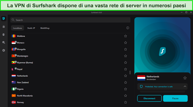 Screenshot dell'interfaccia VPN di Surfshark
