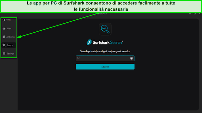 Screenshot dell'interfaccia dell'app desktop di Surfshark