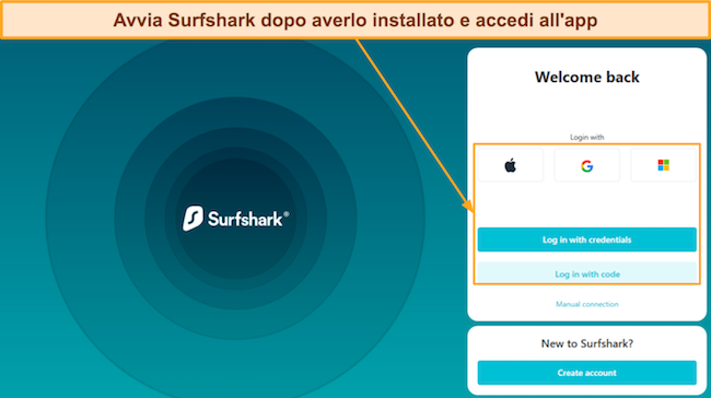 Screenshot che mostra la schermata di accesso dell'app Surfshark