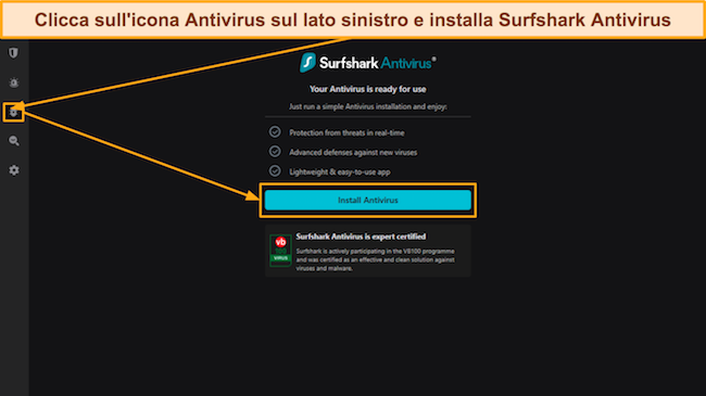 Screenshot che mostra il menu dell'antivirus nell'app Surfshark