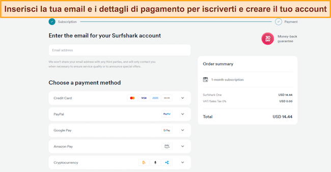 Schermata che mostra il menu di registrazione e pagamento di Surfshark