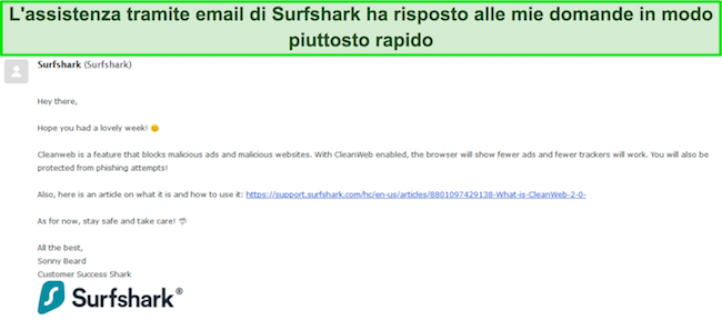 Screenshot di una risposta dal supporto e-mail di Surfshark