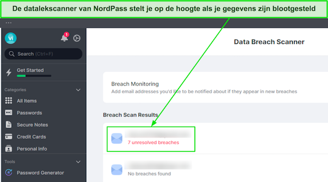 Screenshot van NordPass's Data Breach Scanner die meerdere inbreuken benadrukt