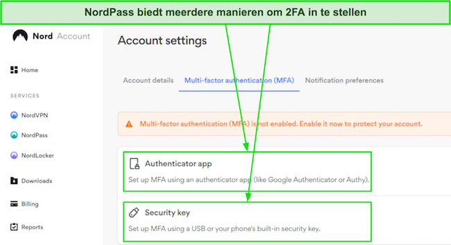 Screenshot van de beschikbare multi-factor authenticatie-opties van NordPass