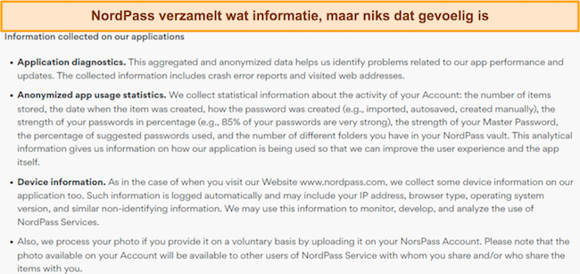 Screenshot met de informatie die NordPass verzamelt