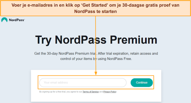 Screenshot die laat zien hoe je je aanmeldt voor de gratis proefperiode van NordPass