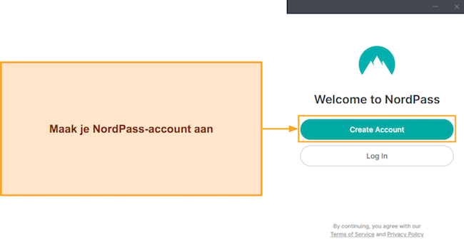 Screenshot van het inlog-/aanmeldmenu van NordPass na installatie