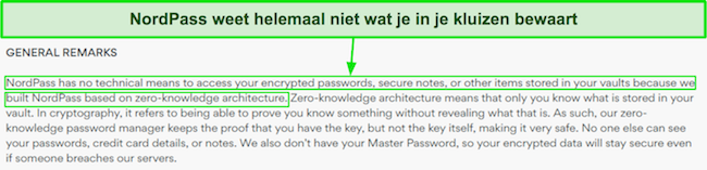 Screenshot van het privacybeleid van NordPass waarin de architectuur zonder kennis wordt benadrukt