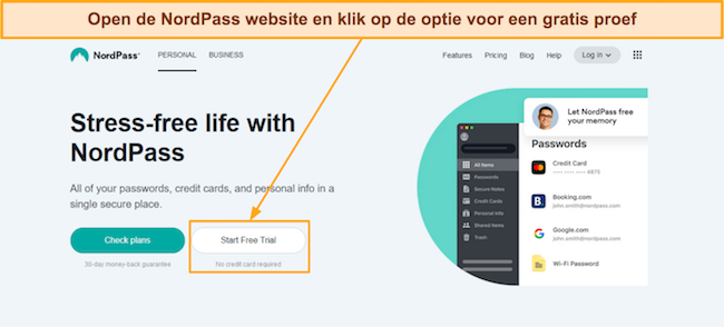 Screenshot van de gratis proefoptie op de website van NordPass