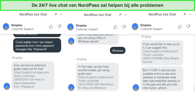 Screenshot van een gesprek met de live chatondersteuning van NordPass