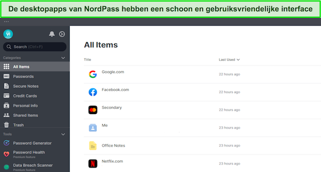 Screenshot van de desktop-app-interface van NordPass