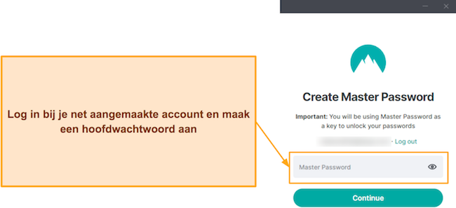 Screenshot van NordPass die vraagt om een hoofdwachtwoord aan te maken na het aanmaken van een account