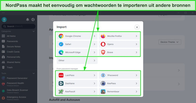 Screenshot van de functie Wachtwoorden importeren van NordPass