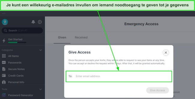 Screenshot die laat zien hoe je noodtoegang kunt geven met NordPass