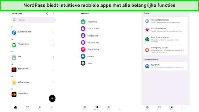 Screenshot van de mobiele app-interface van NordPass