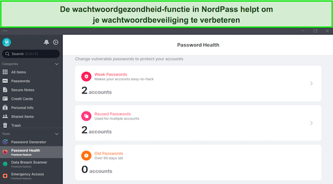 Screenshot van de Password Health-functie van NordPass