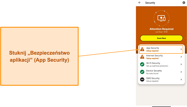 Otwieranie ustawień zabezpieczeń aplikacji w aplikacji Norton na Androida