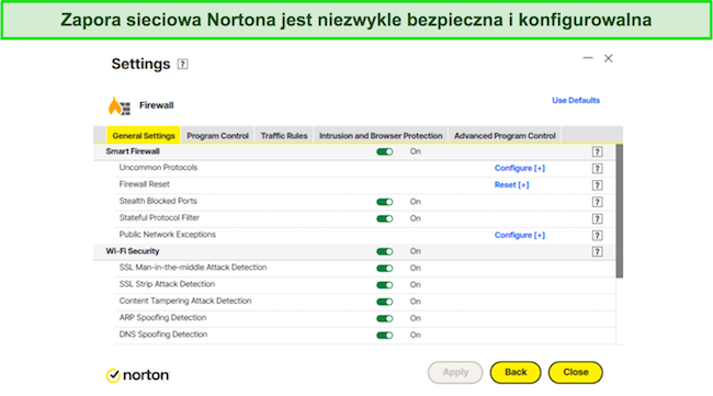 Zrzut ekranu ustawień zapory sieciowej Norton