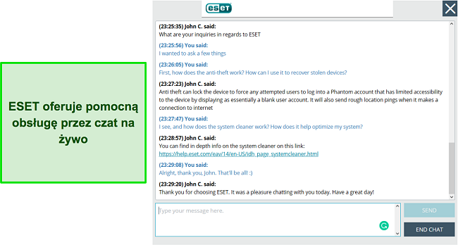 Rozmowa z obsługą czatu na żywo firmy ESET