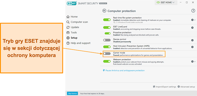 Przełącz tryb gry ESET w sekcji ochrony komputera