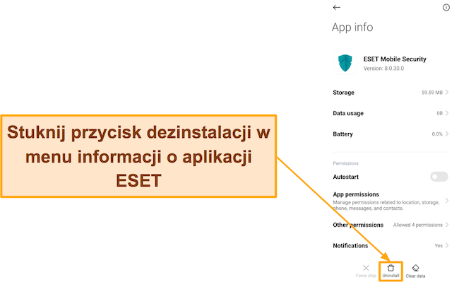 Zrzut ekranu pokazujący, jak odinstalować ESET Mobile Security z systemu Android