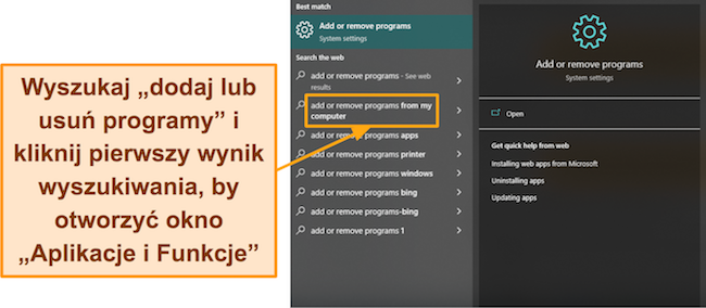 Zrzut ekranu pokazujący, jak uzyskać dostęp do menu Aplikacje i funkcje systemu Windows