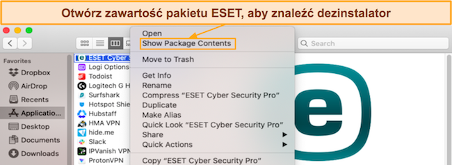 Zrzut ekranu pokazujący, jak uzyskać dostęp do zawartości pakietu ESET w systemie macOS
