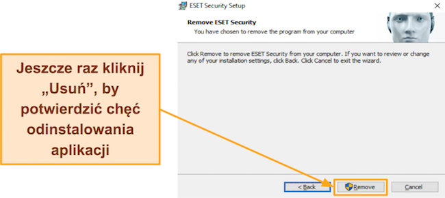 Zrzut ekranu przedstawiający dezinstalator firmy ESET z prośbą o potwierdzenie przed usunięciem aplikacji