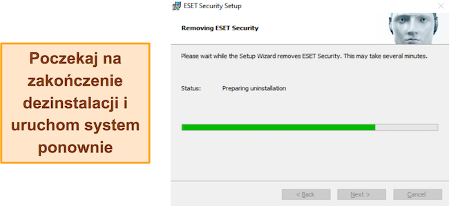 Zrzut ekranu przedstawiający trwającą dezinstalację programu ESET
