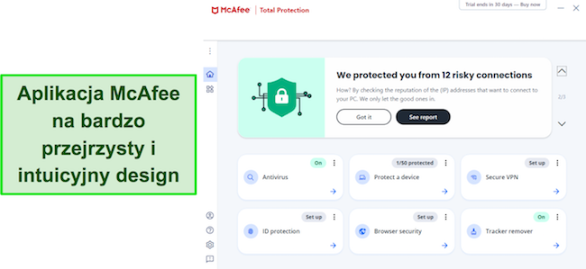 Zrzut ekranu przedstawiający interfejs aplikacji komputerowej McAfee
