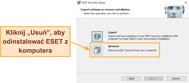 Zrzut ekranu pokazujący, jak użyć dezinstalatora firmy ESET do usunięcia go z systemu