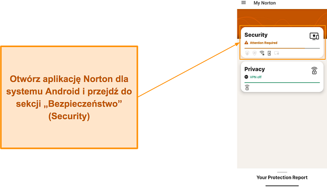 Otwieranie sekcji Zabezpieczenia w aplikacji Norton na Androida