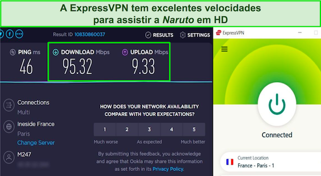 Captura de tela do resultado do teste de velocidade ExpressVPN