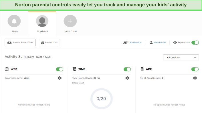 Screenshot of Norton's parental control interface