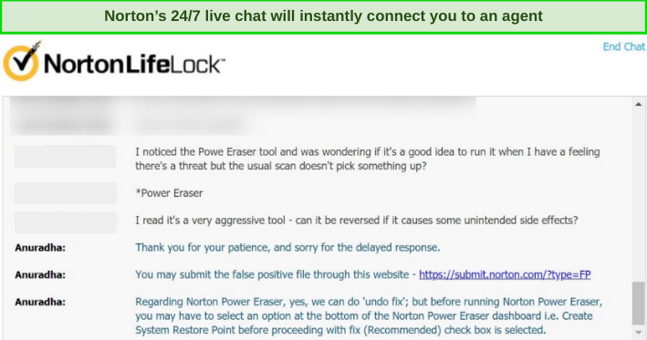 Screenshot of a conversation with Norton's customer support